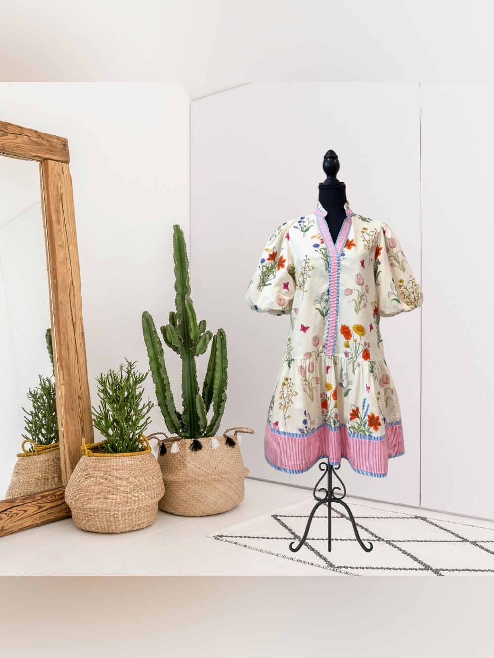 THML Ruffle Short Sleeve Floral Striped Ruffle Hem Dress